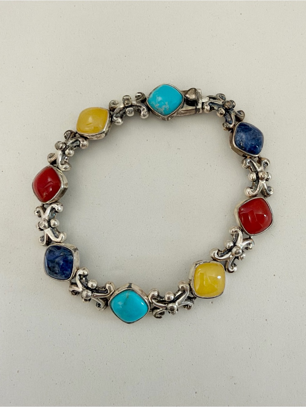 925 Sterling Silver Multicolor Stone Cabochon Link Bracelet Thailand
